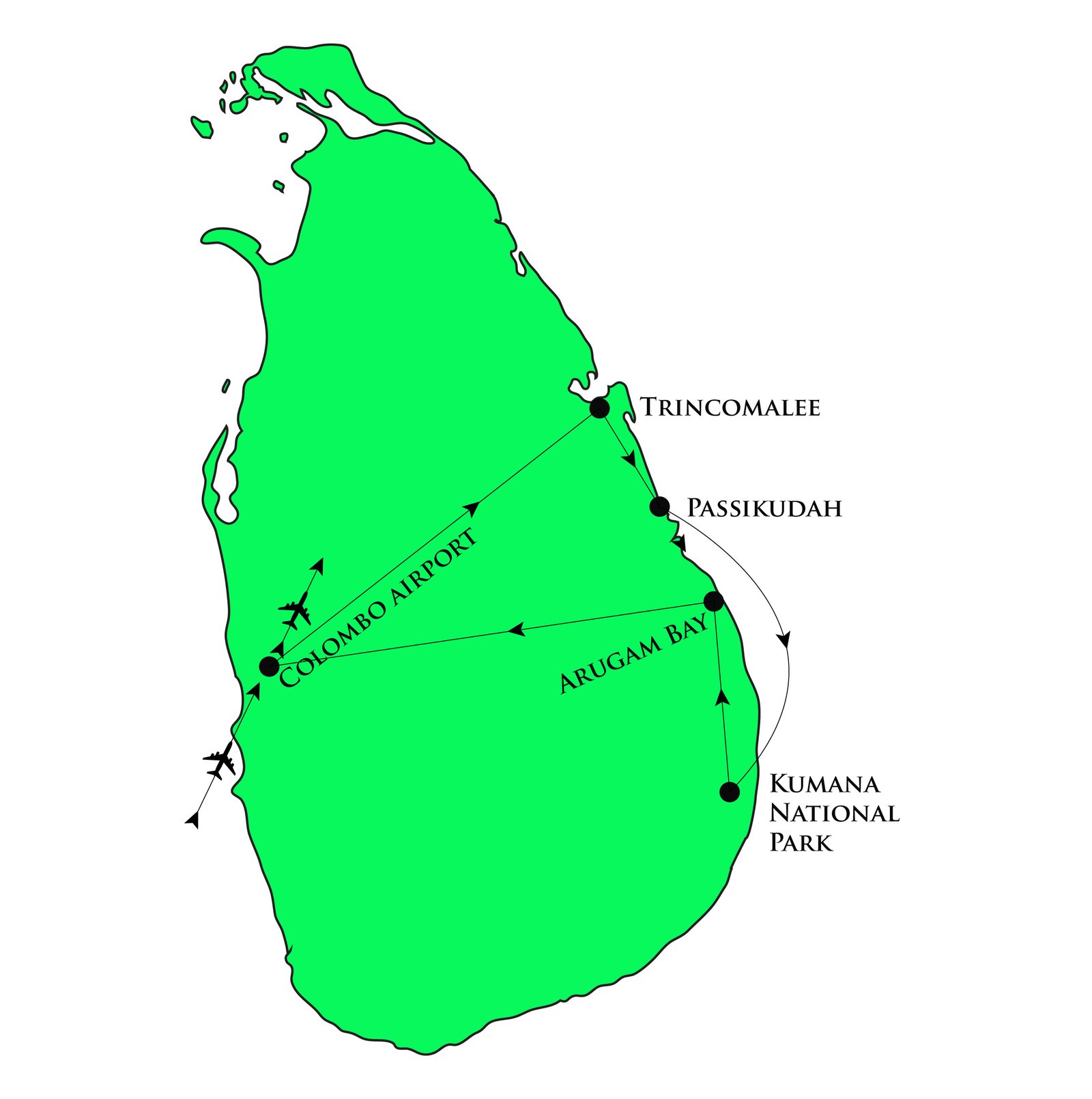 Map of East-Coast Sri Lanka itinerary